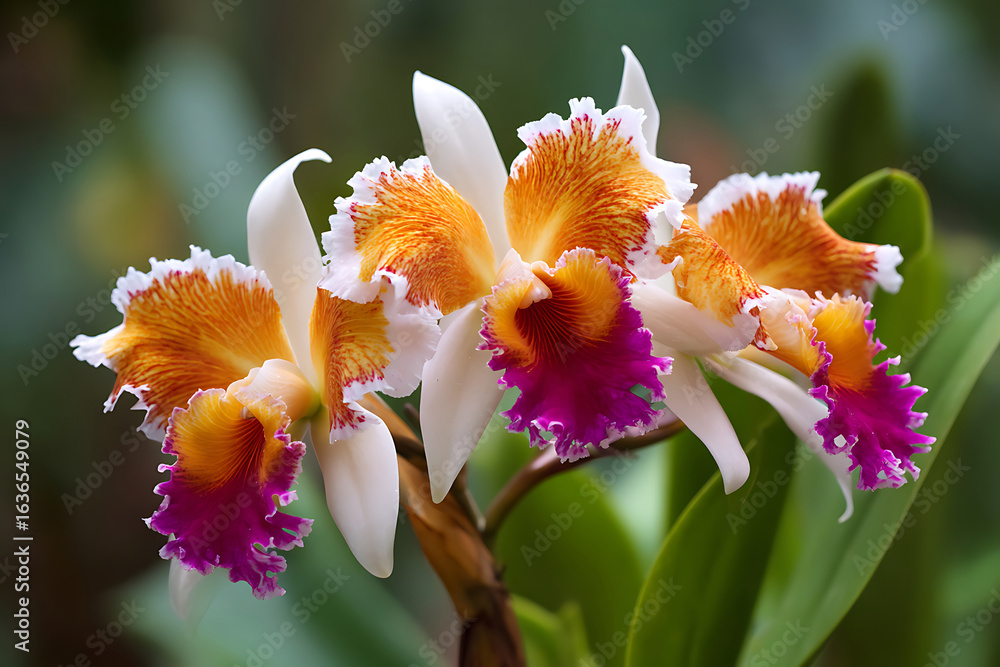 Fototapeta premium Vibrant Cluster of Ruffled Cattleya Orchids with Fiery Orange and Magenta Lips