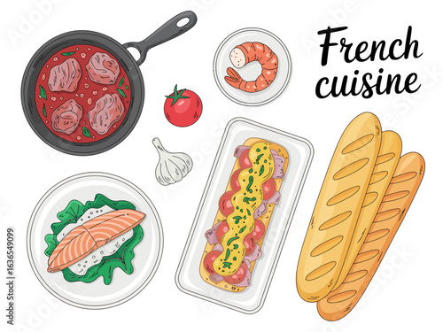 A Delicious Collection of French Cuisine Featuring Classic Dishes Such as Boeuf Bourguignon Salmon and Baguettes