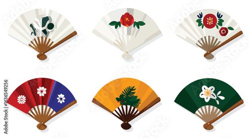 Set of decorative fans with floral patterns