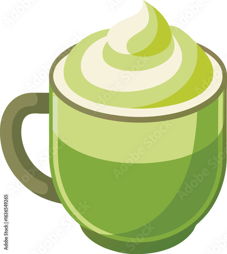 Matcha latte with frothy art on white background