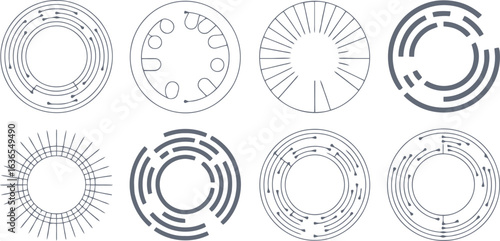 Eight minimalist circular graphic elements with circuit board and radial line designs in dark gray on white