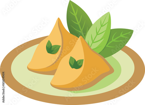 Mini samosas with mint chutney on white background