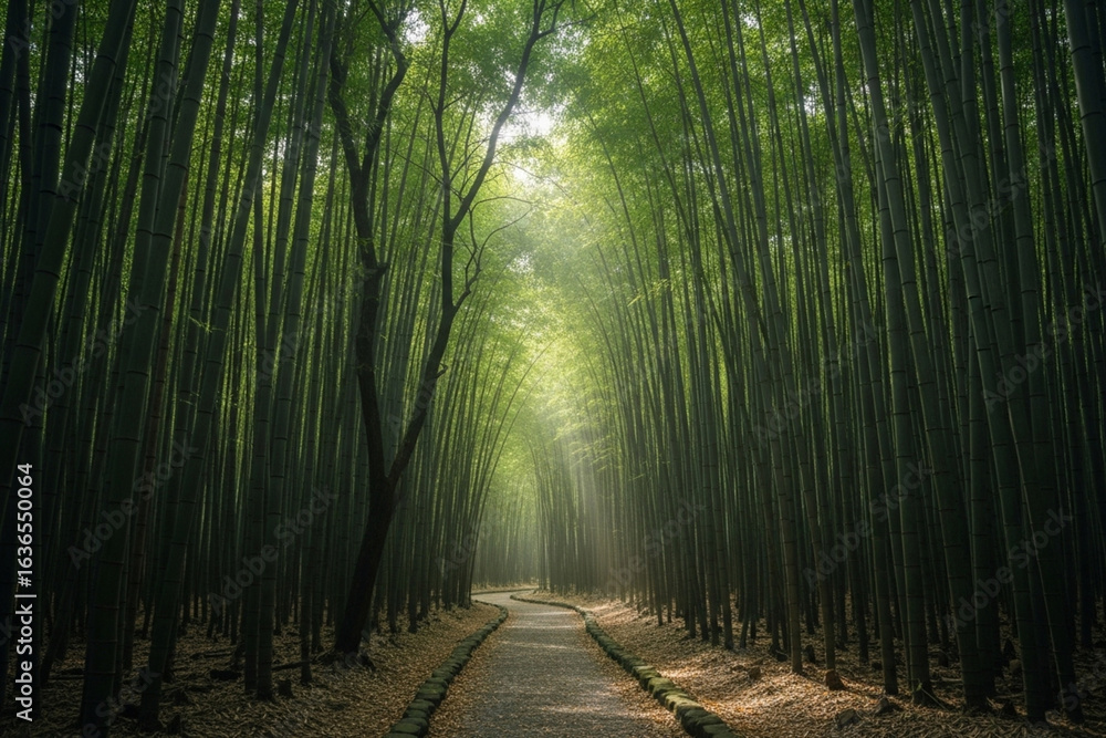 Fototapeta premium Bamboo Forest Pathway with Soft Sunlight