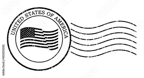 United States of America postmark with flag, vintage rubber stamp illustration isolated on white background
