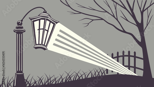A vintage street lamp casts a bright striped beam of light across a desolate landscape with a bare tree and a picket fence