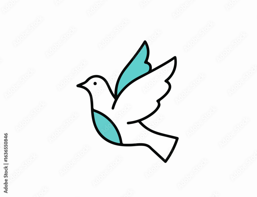Fototapeta premium Stylized flying dove with turquoise accents in a minimalist line art style.