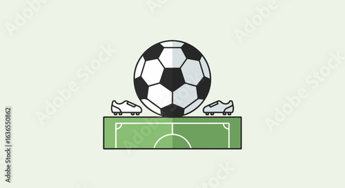 Stylized illustration of a soccer ball and cleats on a section of a green football pitch.