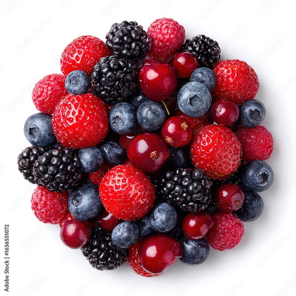 Assorted fresh berries top view: strawberries, blueberries, blackberries, cherries Assorted fresh berries top view: strawberries, blueberries, blackberries, cherries