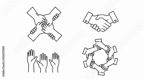 A set of four minimalist line art icons showing hand gestures for teamwork, agreement, handshake, and unity.