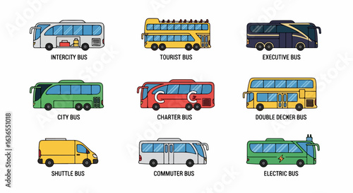 A colorful collection of various bus types, including intercity, tourist, and double-decker, presented as flat vector icons.