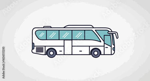 Modern white tour bus illustration with blue tinted windows. A stylized passenger coach with a clean, flat design.