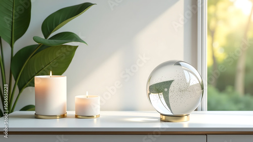 Wallpaper Mural delicate glass orb adorns modern console table surrounded minimalist candles lush greenery illuminated soft Torontodigital.ca