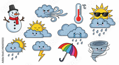 Set of cute cartoon weather characters with expressive faces, including sun, clouds, snowman, and tornado, designed as colorful stickers.