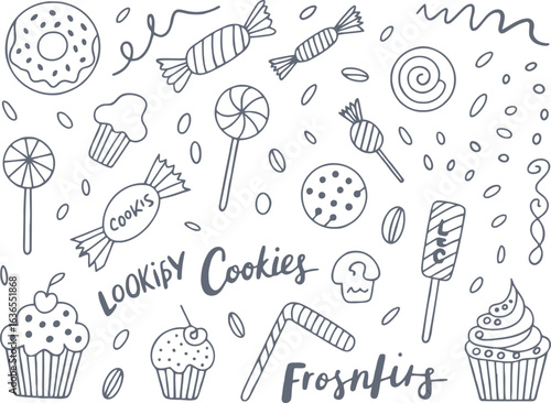 Hand drawn doodle spread of cupcakes donuts candies cookies and sweet treats sweets