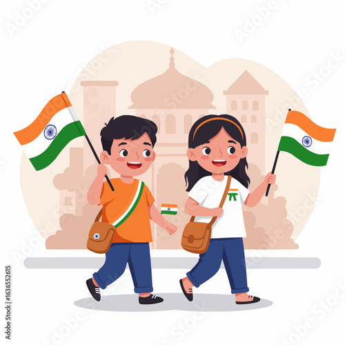 Indian Children Holding National Flags on the Street – Vector Illustration