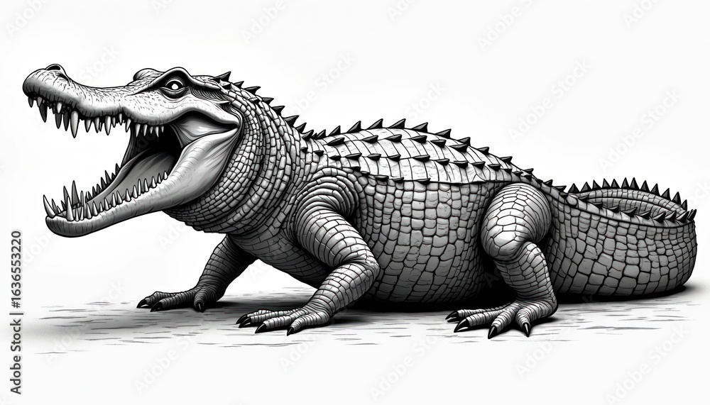 Obraz premium Detailed black, white line drawing of powerful crocodile with textured skin, sharp teeth. Illustration captures reptile predator with open mouth, revealing formidable dentition, scaly hide. Artwork