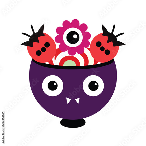 Purple monster bowl filled with Halloween candy vector art illustration