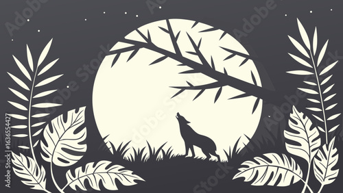 A lone wolf howls at the radiant full moon under a starry night sky surrounded by silhouetted trees and tropical foliage