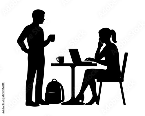 Silhouettes of a man and woman interacting at a cafe table with a laptop