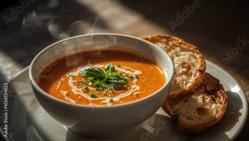 Photo of a bowl of creamy tomato soup with fresh basil and toasted bread offers a comforting and healthy meal option