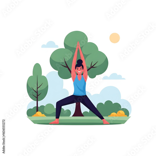 Healthy Young Man Practicing Yoga in the Park, Maintaining Balance in a Tree Pose (Vrksasana) Against a Serene Nature Background