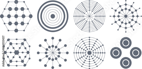Set of eight abstract geometric designs in shades of grey on white background pattern graphic