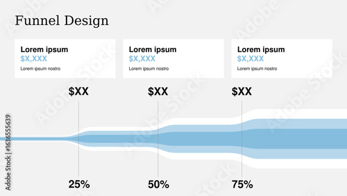 Clean and professional funnel infographic template featuring a horizontal layered stream in shades of blue, representing data or conversion flow across three stages. Each stage is marked with a conten