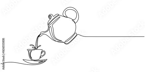 Teapot with cup of tea. Continuous line drawing, Teapot pouring tea into cup in continuous one line drawing, minimalist kitchenware vector illustration, Teapot in continuous one line drawing