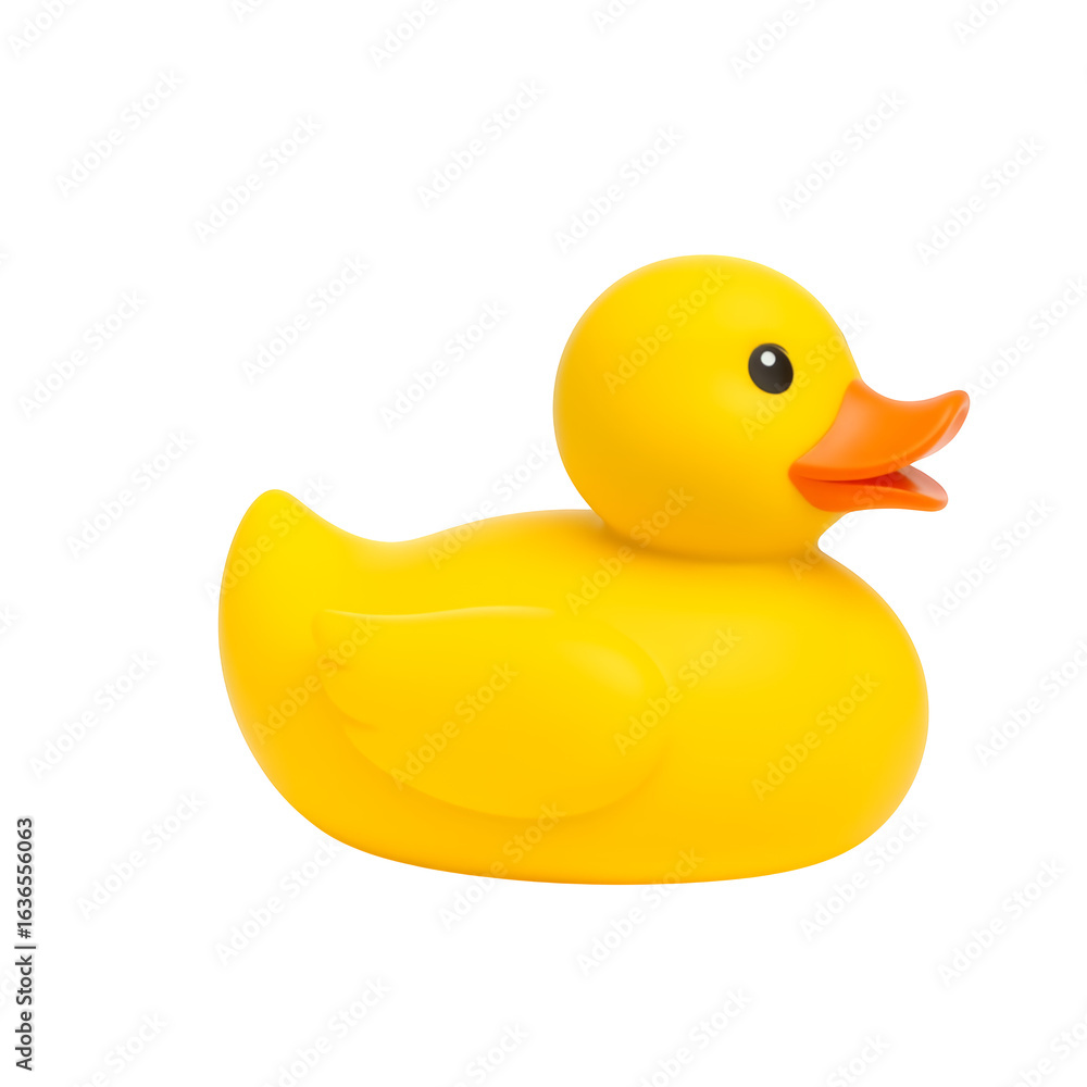 Fototapeta premium A classic bright yellow rubber duck toy with an orange beak and black eyes isolated on a transparent background isolated on transparent background