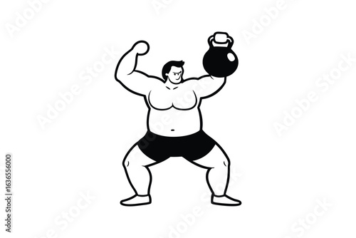 Strongman Lifting Kettlebell in Black and White Silhouette Style Isolated on White Background Vector Illustration silhouette