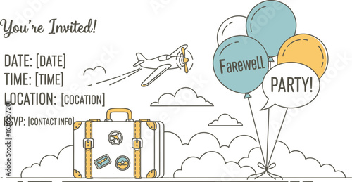 Farewell Party Invitation with Suitcase, Airplane, and Balloons