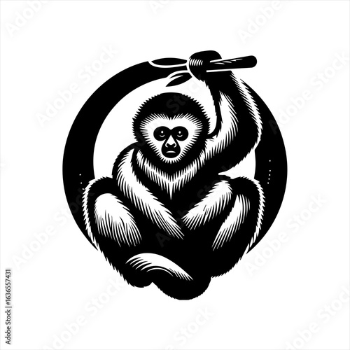 Black and White Gibbon Illustration.