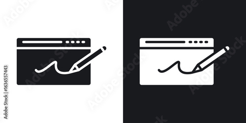 Electronic signature icon in black and white glyph versions