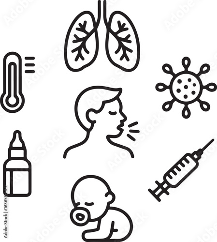 Medical Treatment and RSV Symptoms Doodle Icons Collection Lung Infection, Fever, Virus, Nasal Spray, Infants, and Cough Relief Vector Art