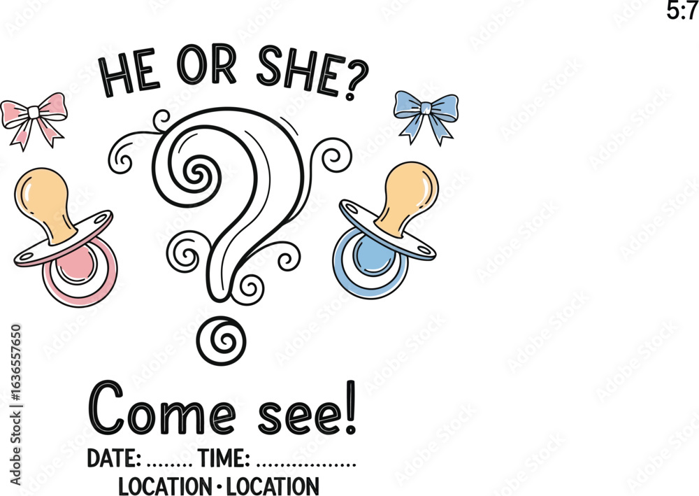 Fototapeta premium Gender reveal invitation with pacifiers and question mark, baby shower