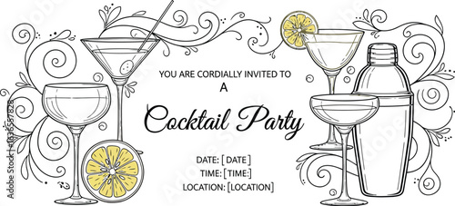 Cocktail Party Invitation with Glasses, Shaker, and Lemon Slices