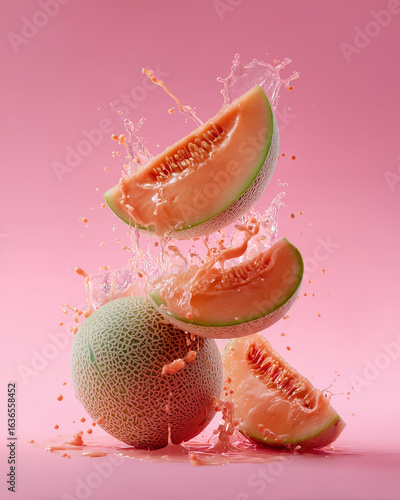 Sliced Cantaloupe Splash on Pink Background