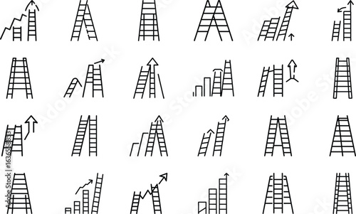 
Business Startup and Growth Line Icons Collection – Cloud Upload, ID Badge, Rocket Launch, Magnifying Glass, Teamwork, Pie Chart, Puzzle, Safe Vault, Target, and Trophy in Minimalist 