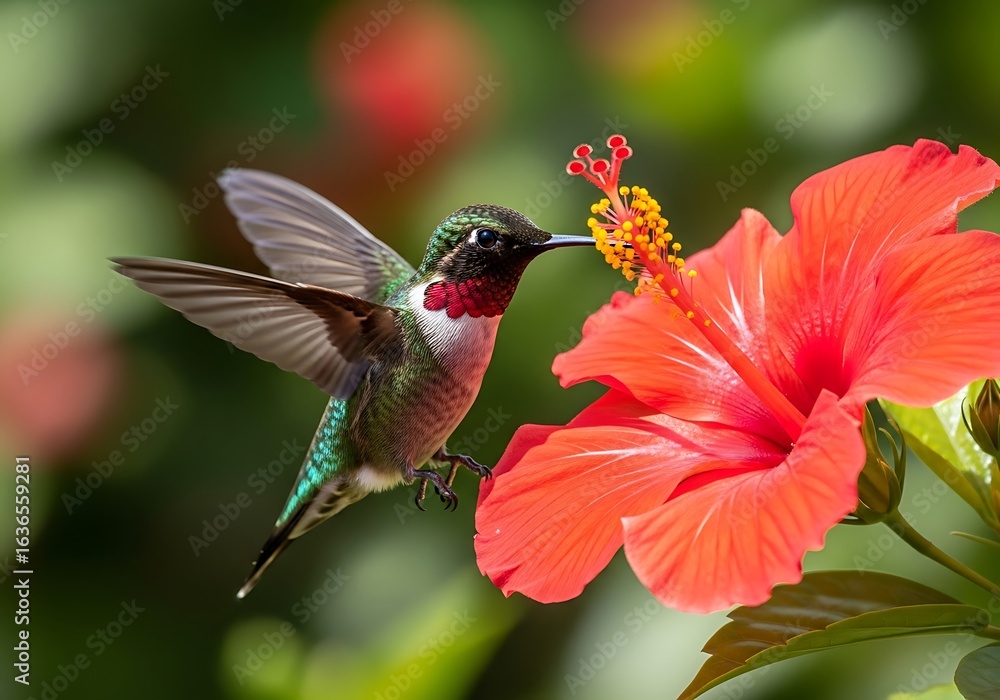 Fototapeta premium A hummingbird hovers in front of a bright red hibiscus flower, capturing nectar