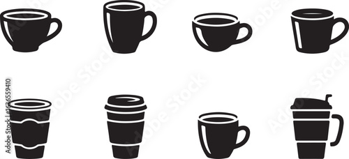Set of vector coffee and tea cup icons illustration. coffee and tea glass silhouette icon set.