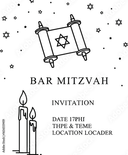 Bar Mitzvah invitation with torah scroll, stars, and candles