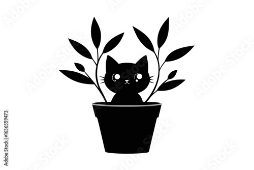 flower in pot with cat
