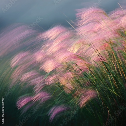 Pink grass swaying in the wind, blurred motion