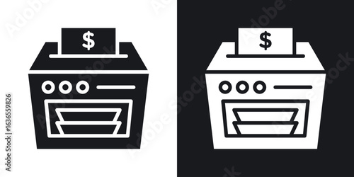 Money counting machine icon in black and white glyph versions