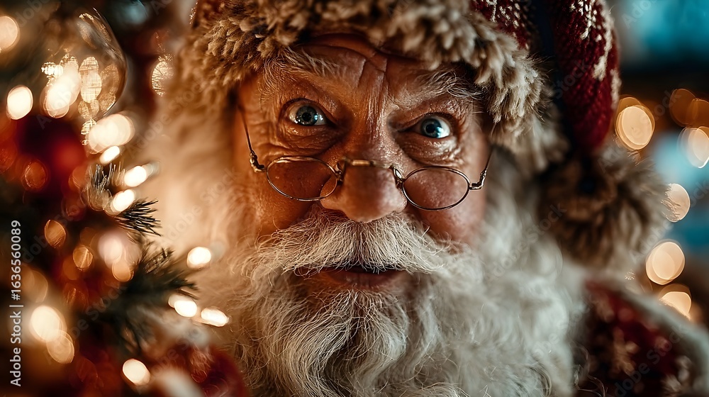Obraz premium Closeup portrait of a cheerful elderly Santa Claus with a long white beard and glasses surrounded by twinkling holiday lights and deco ns