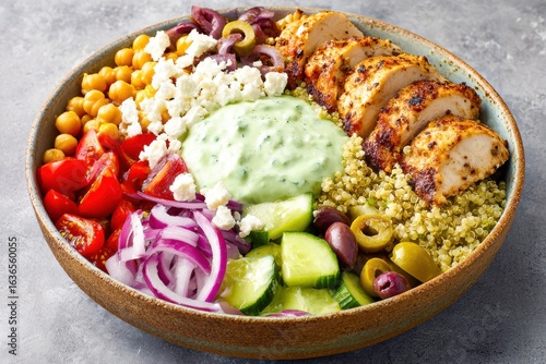 Healthy mediterranean chicken grain bowl with fresh ingredients