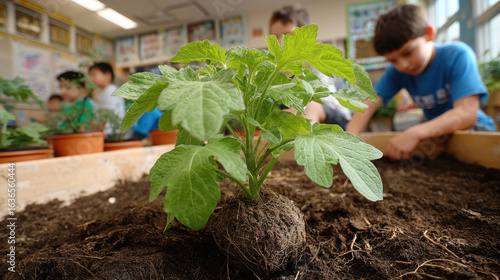 Children Planting Tomato Plant in Classroom Garden