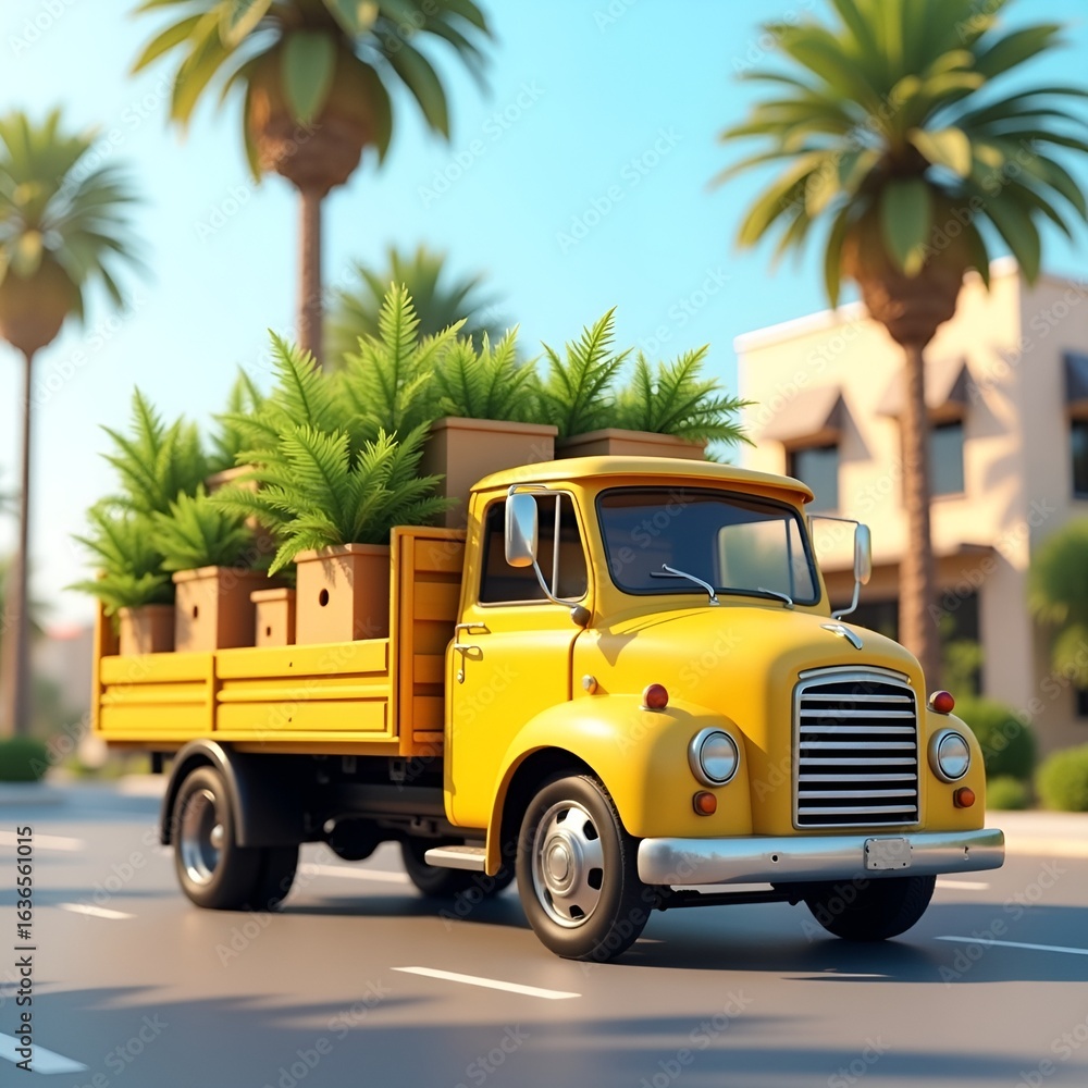 Fototapeta premium Yellow Delivery Truck with Packages in a Tropical City Setting
