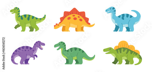 Collection of six adorable cartoon dinosaurs in various colors