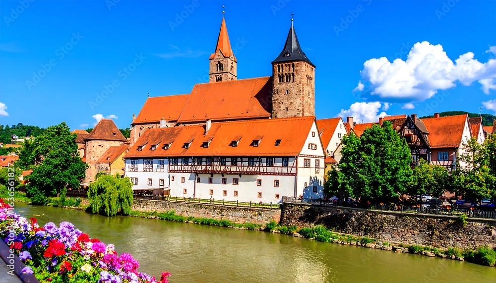 Fototapeta premium European town church by river